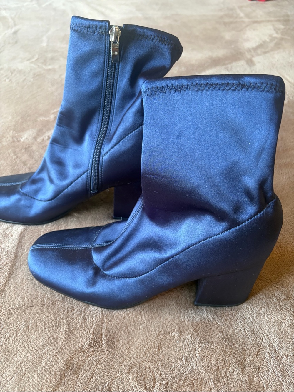 Marc Fisher Navy Satin Ankle Boots with Block Heel